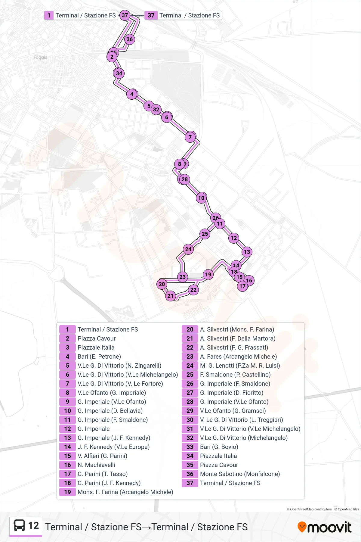 Linea 12 bus (Terminal / Stazione FS→Terminal / Stazione FS) - Percorsi e fermate sulla mappa