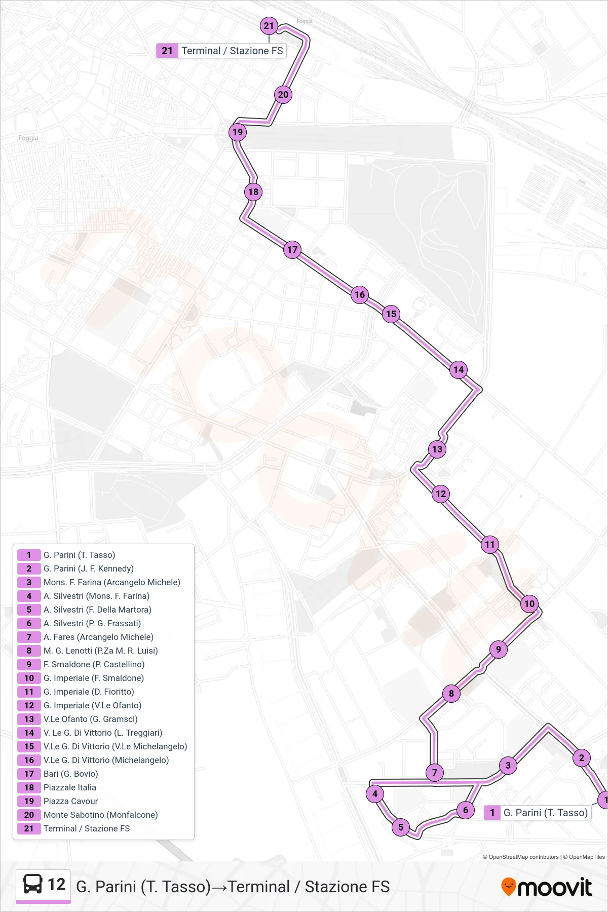 Linea 12 bus (G. Parini (T. Tasso)→Terminal / Stazione FS) - Percorsi e fermate sulla mappa