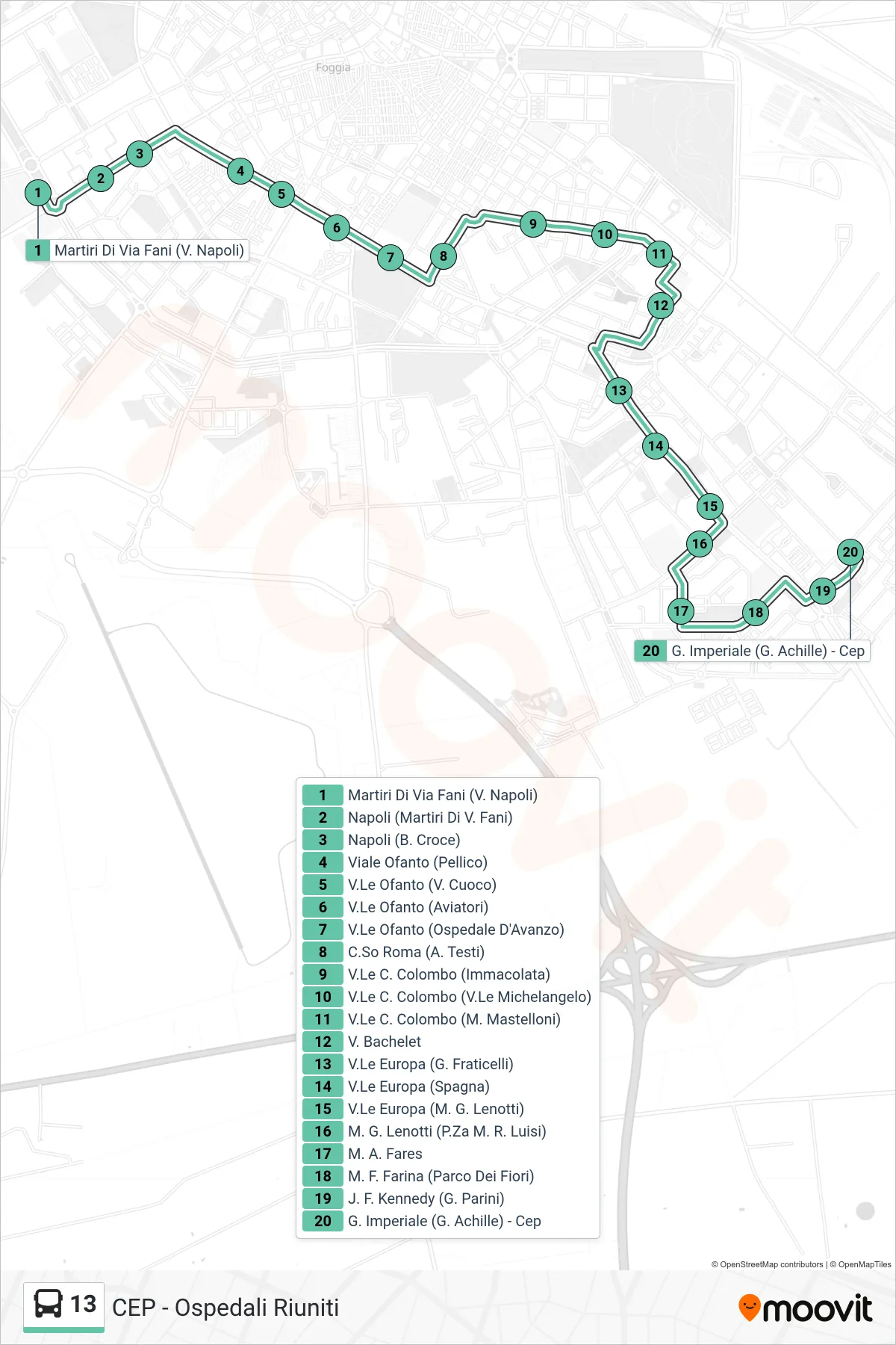 Linea 13 bus (Martiri Di Via Fani (V. Napoli)→G. Imperiale (G. Achille) - Cep) - Percorsi e fermate sulla mappa