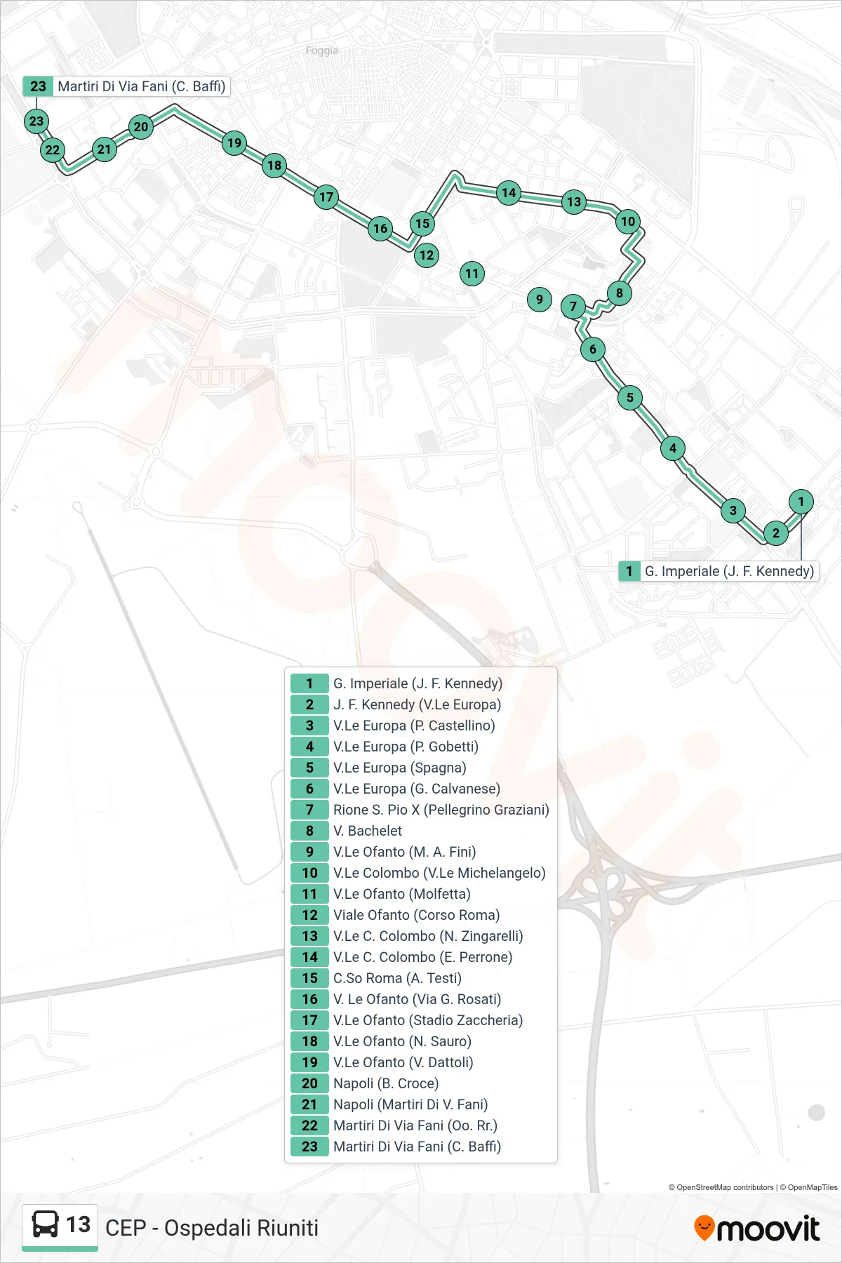 Linea 13 bus (G. Imperiale (J. F. Kennedy)→Martiri Di Via Fani (C. Baffi)) - Percorsi e fermate sulla mappa