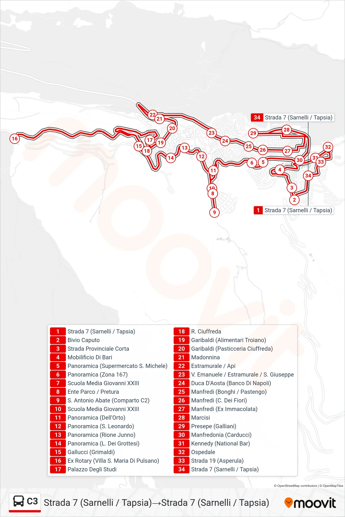 Linea C3  bus (Strada 7 (Sarnelli / Tapsia)‎→Strada 7 (Sarnelli / Tapsia)) - Percorsi e fermate sulla mappa