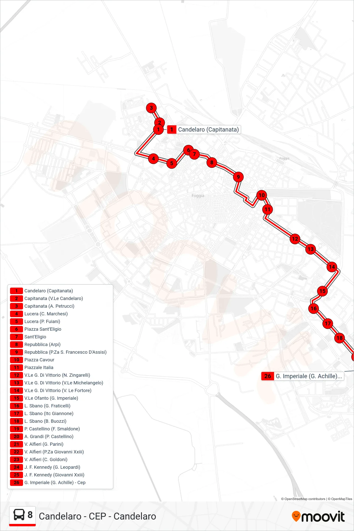 Linea 8 bus (Candelaro (Capitanata)→G. Imperiale (G. Achille) - Cep) - Percorsi e fermate sulla mappa