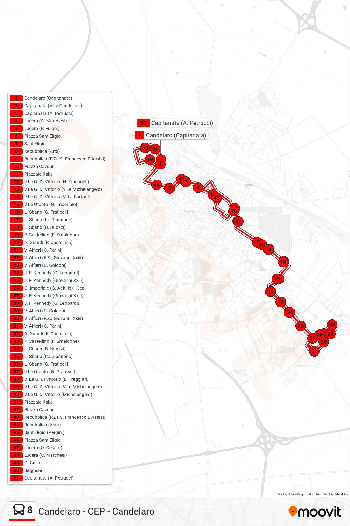Linea 8  bus (Candelaro (Capitanata)‎→Capitanata (A. Petrucci)) - Percorsi e fermate sulla mappa