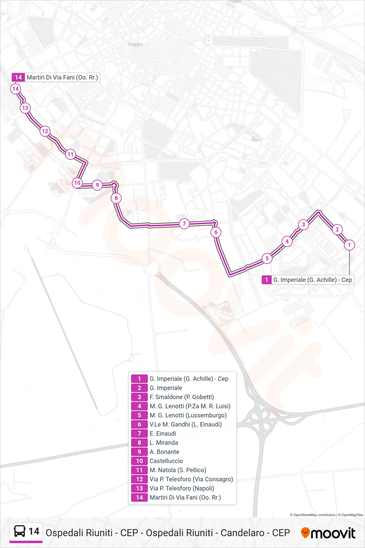 Linea 14 bus (G. Imperiale (G. Achille) - Cep→Martiri Di Via Fani (Oo. Rr.)) - Percorsi e fermate sulla mappa