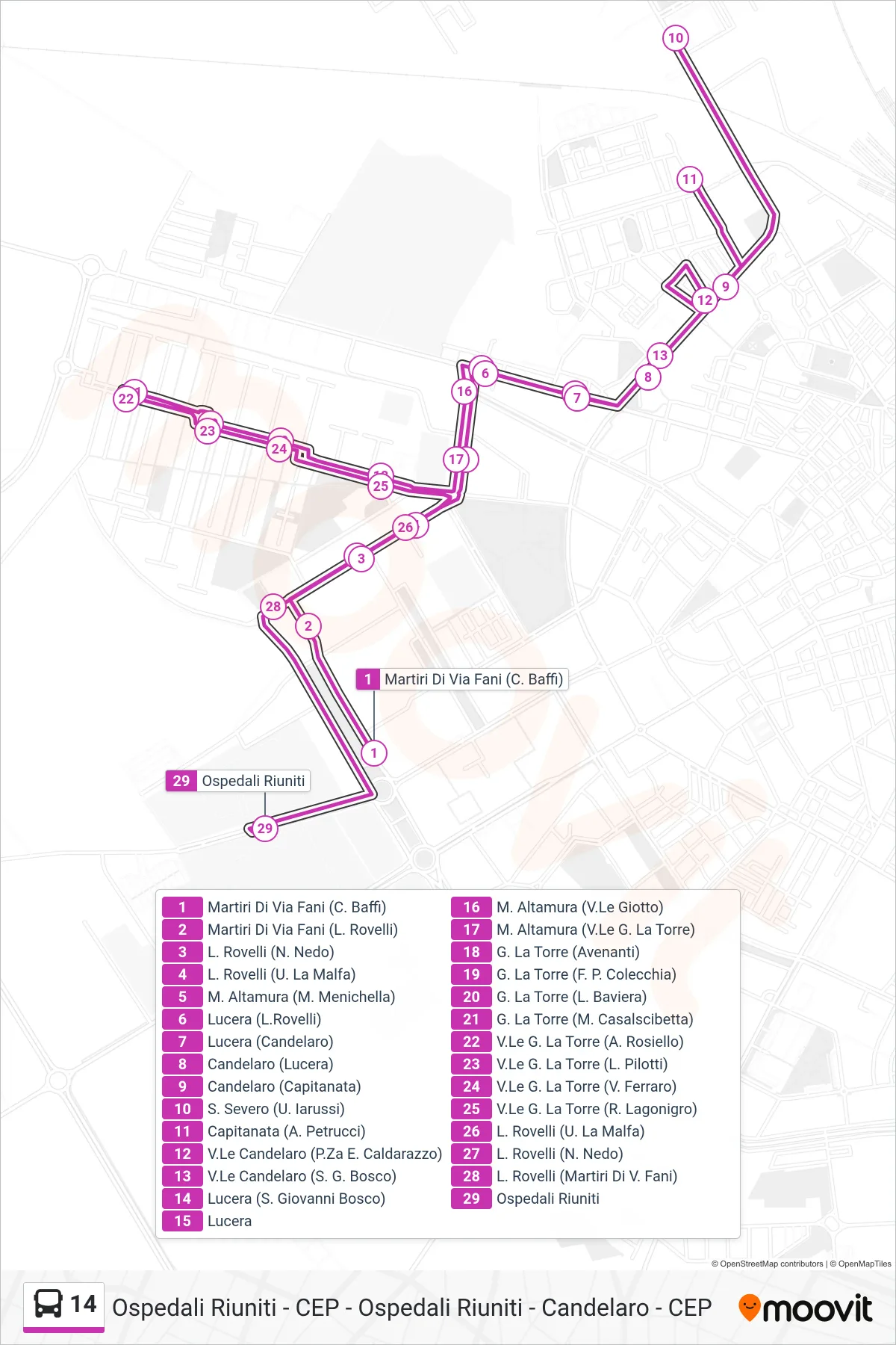 Linea 14 bus (Martiri Di Via Fani (C. Baffi)→Ospedali Riuniti) - Percorsi e fermate sulla mappa