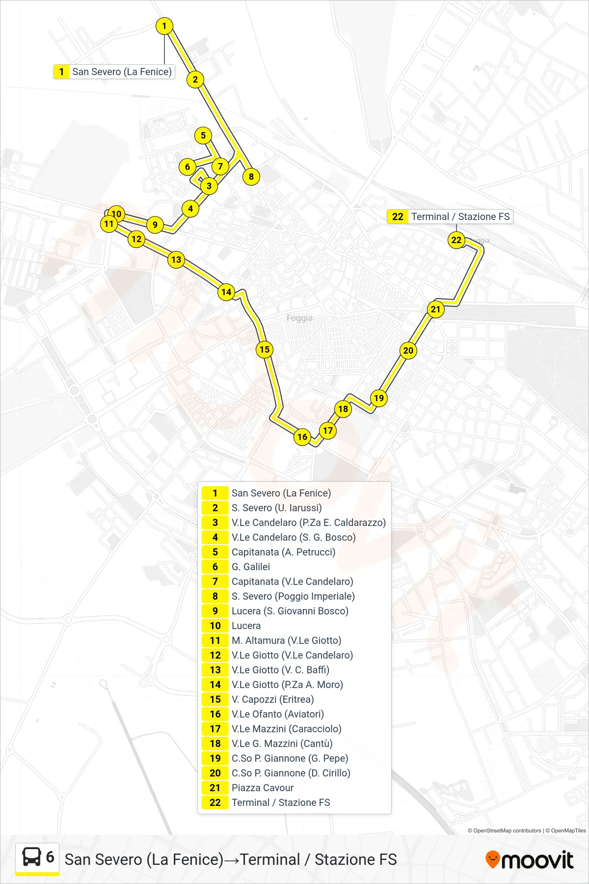 Linea 6 bus (San Severo (La Fenice)→Terminal / Stazione FS) - Percorsi e fermate sulla mappa
