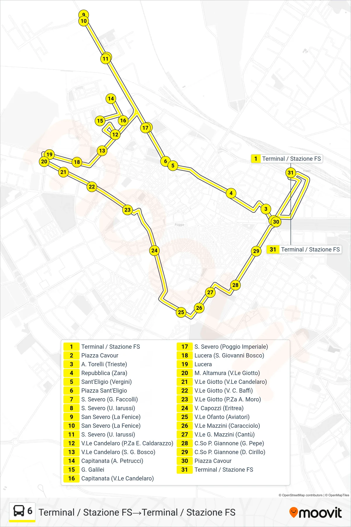 Linea 6 bus (Terminal / Stazione FS→Terminal / Stazione FS) - Percorsi e fermate sulla mappa