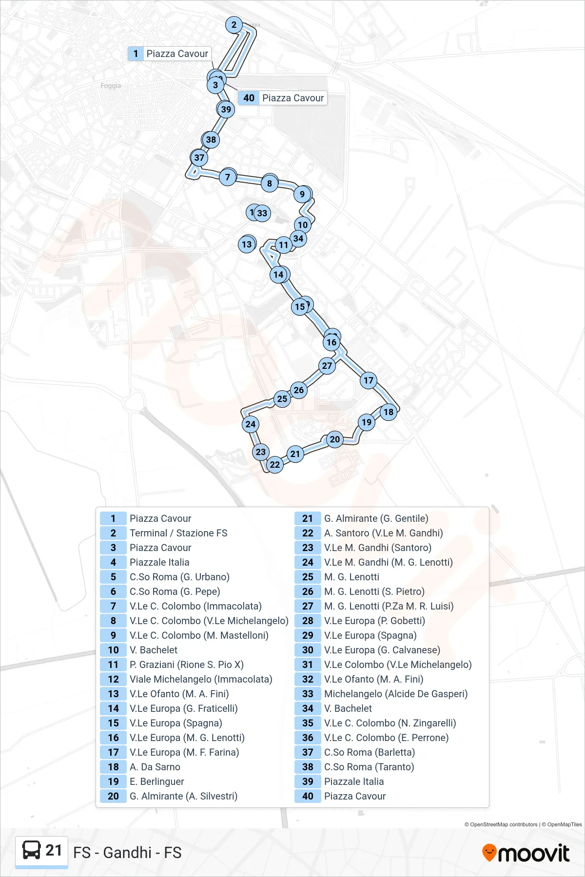 Linea 21  bus (Terminal / Stazione FS‎→Terminal / Stazione FS) - Percorsi e fermate sulla mappa
