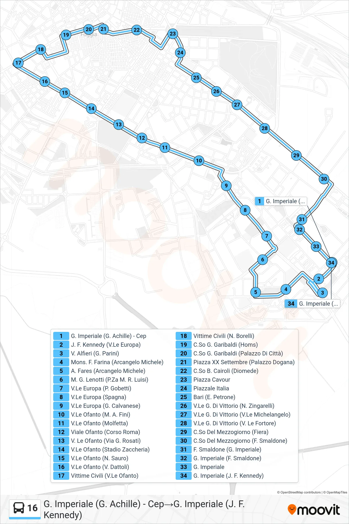 Linea 16  bus (G. Imperiale (G. Achille) - Cep‎→G. Imperiale (J. F. Kennedy)) - Percorsi e fermate sulla mappa