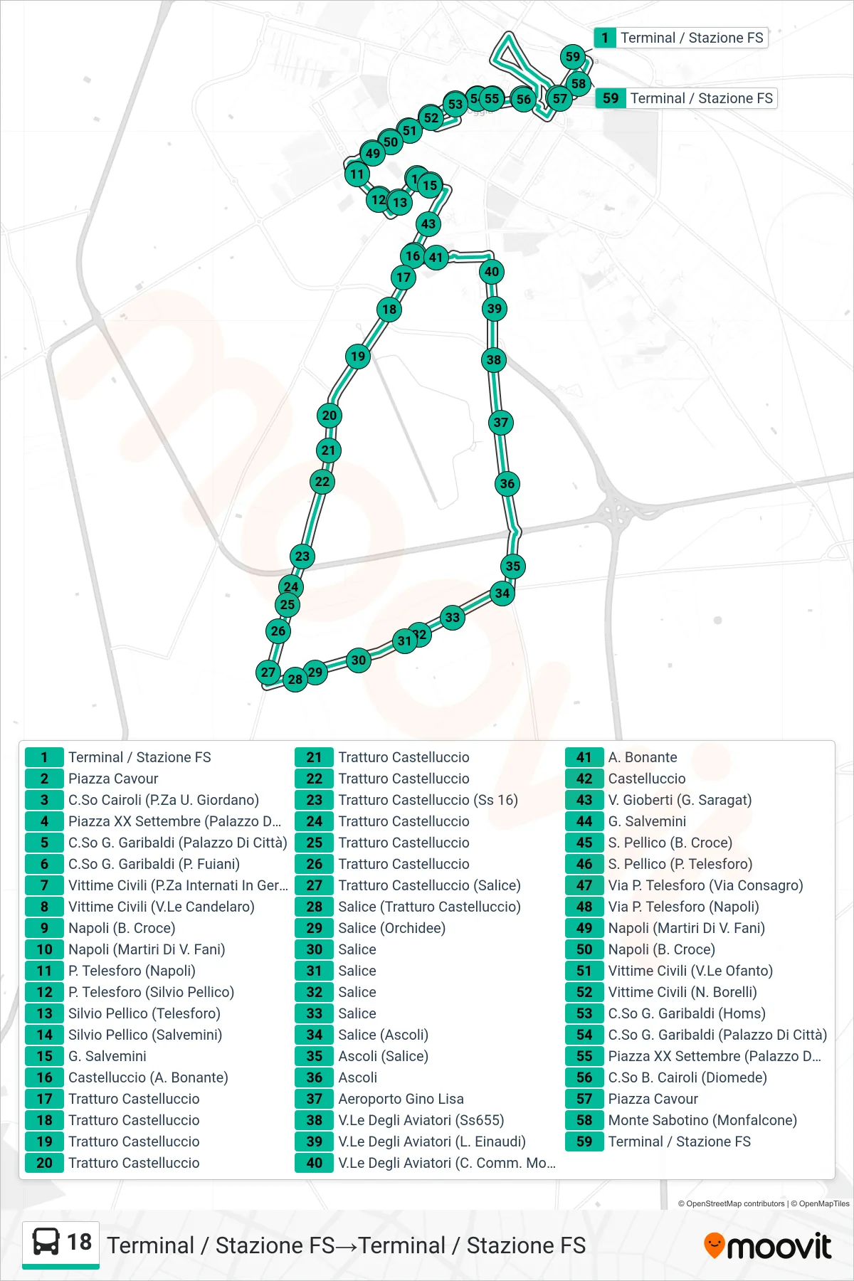 Linea 18 bus (Terminal / Stazione FS→Terminal / Stazione FS) - Percorsi e fermate sulla mappa