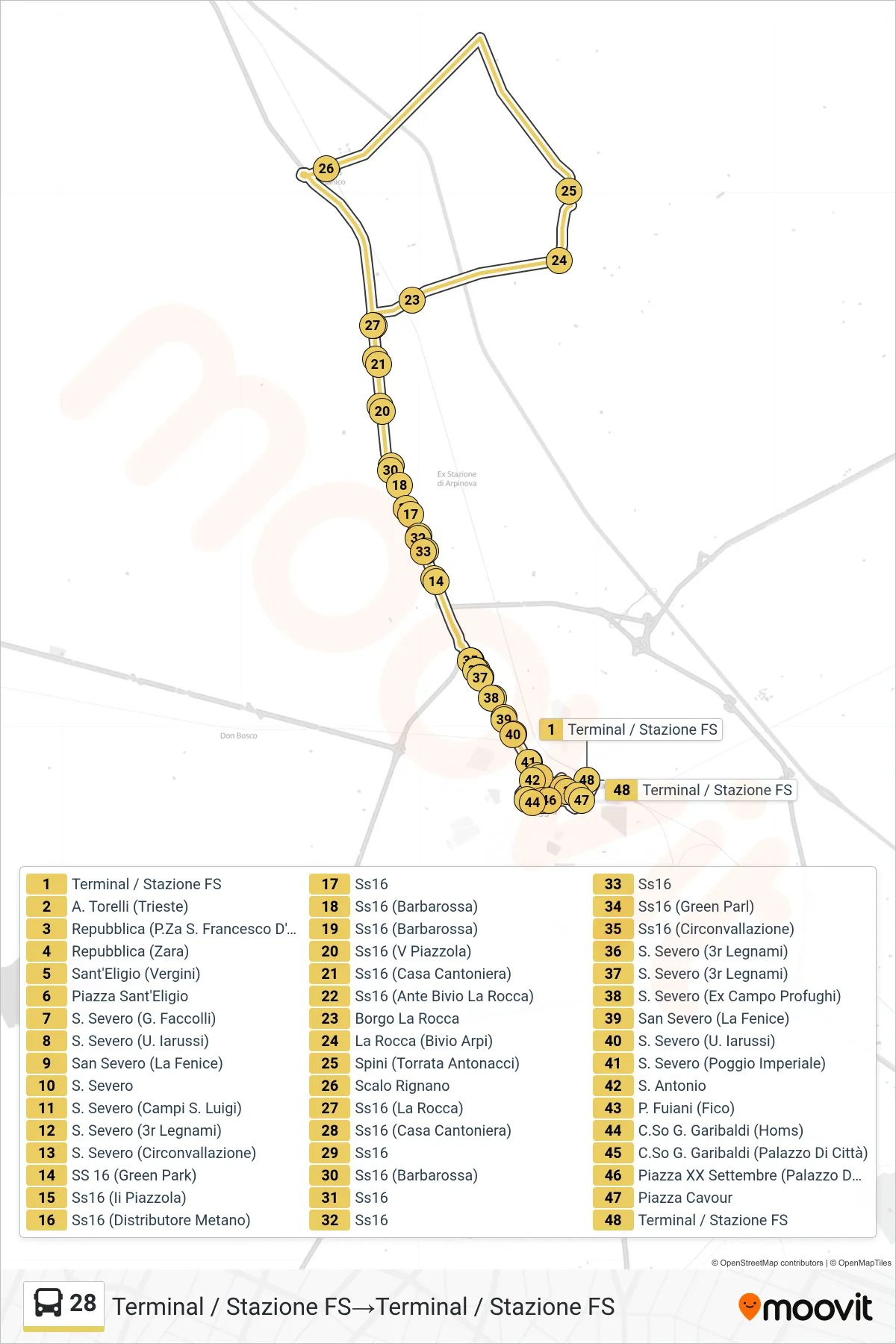 Linea 28 bus (Terminal / Stazione FS→Terminal / Stazione FS) - Percorsi e fermate sulla mappa