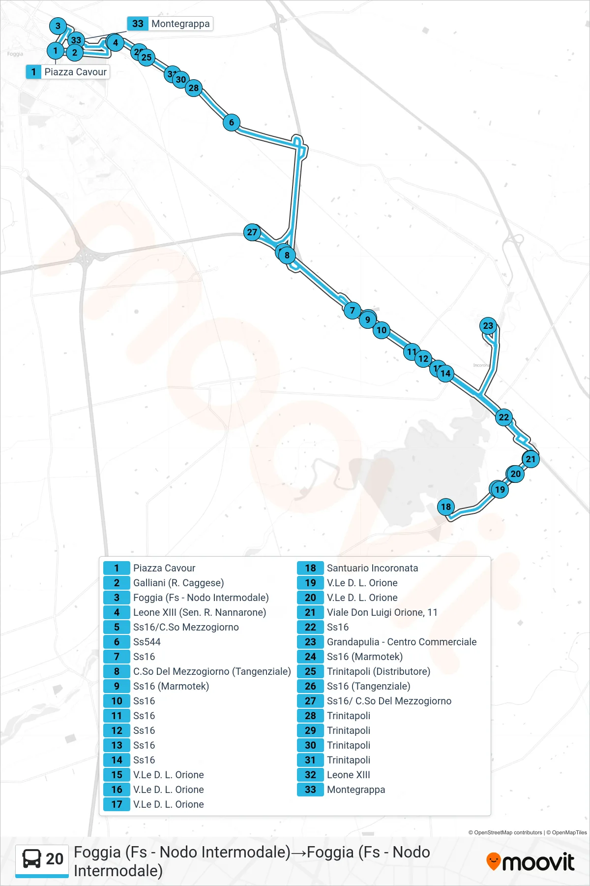 Linea 20  bus (Foggia (Fs - Nodo Intermodale)‎→Foggia (Fs - Nodo Intermodale)) - Percorsi e fermate sulla mappa