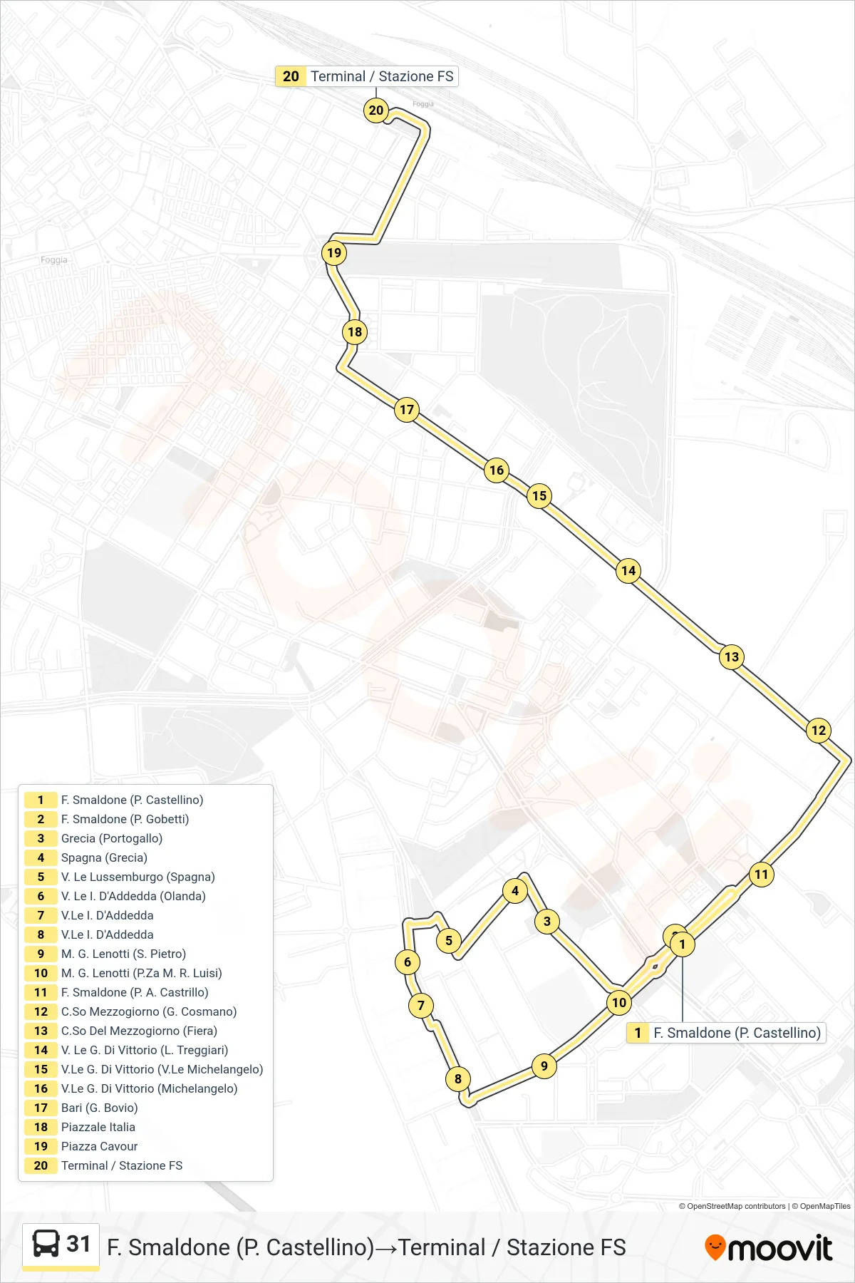 Linea 31  bus (F. Smaldone (P. Castellino)‎→Terminal / Stazione FS) - Percorsi e fermate sulla mappa