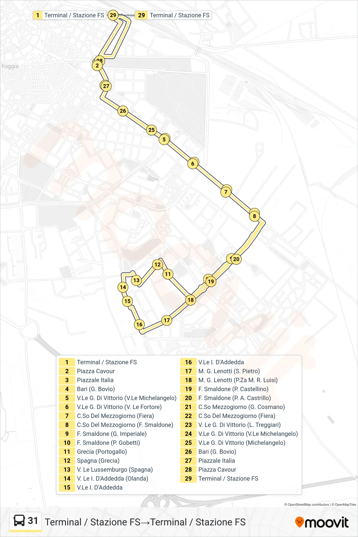 Linea 31 bus (Terminal / Stazione FS→Terminal / Stazione FS) - Percorsi e fermate sulla mappa