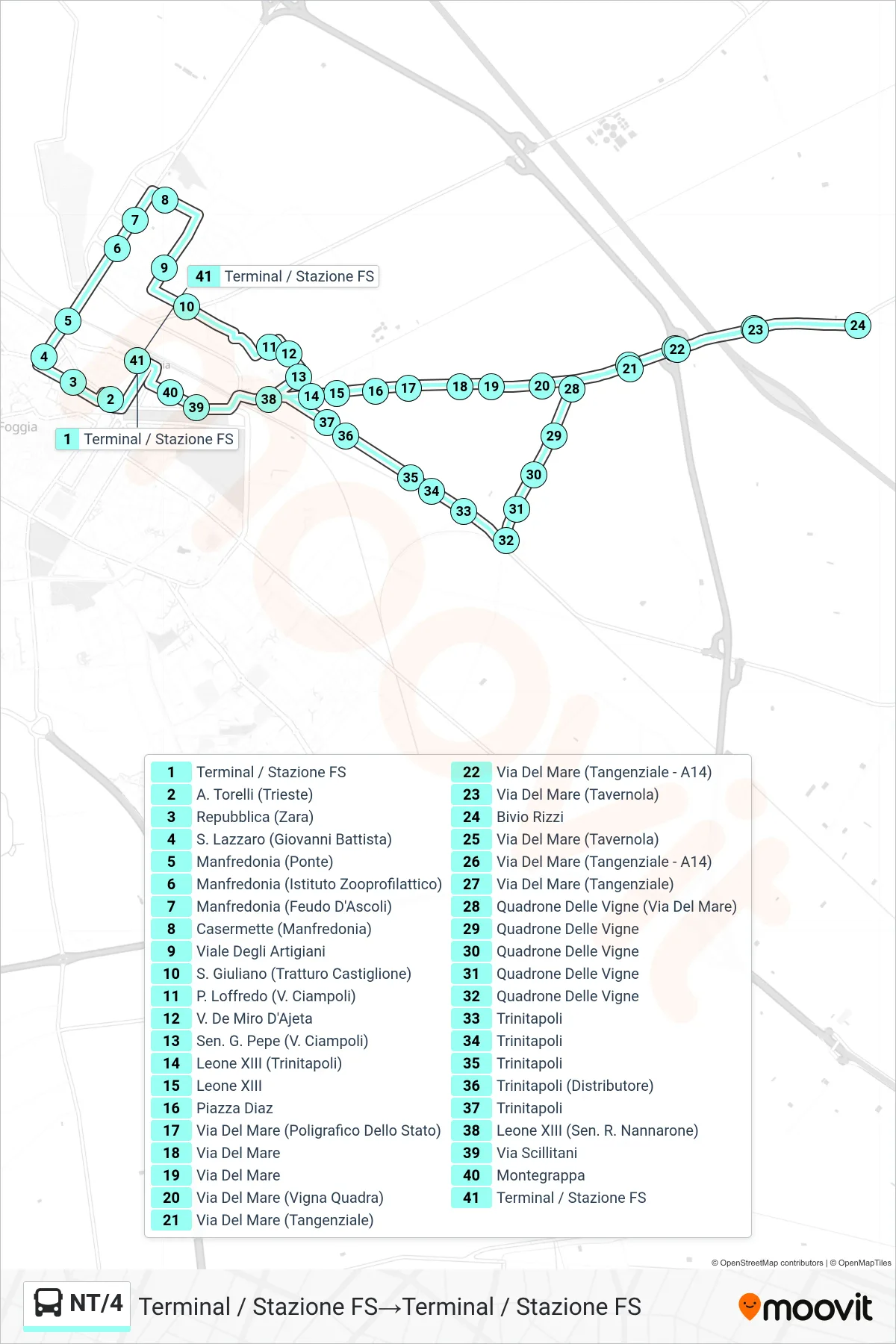 Linea NT/4 bus (Terminal / Stazione FS→Terminal / Stazione FS) - Percorsi e fermate sulla mappa