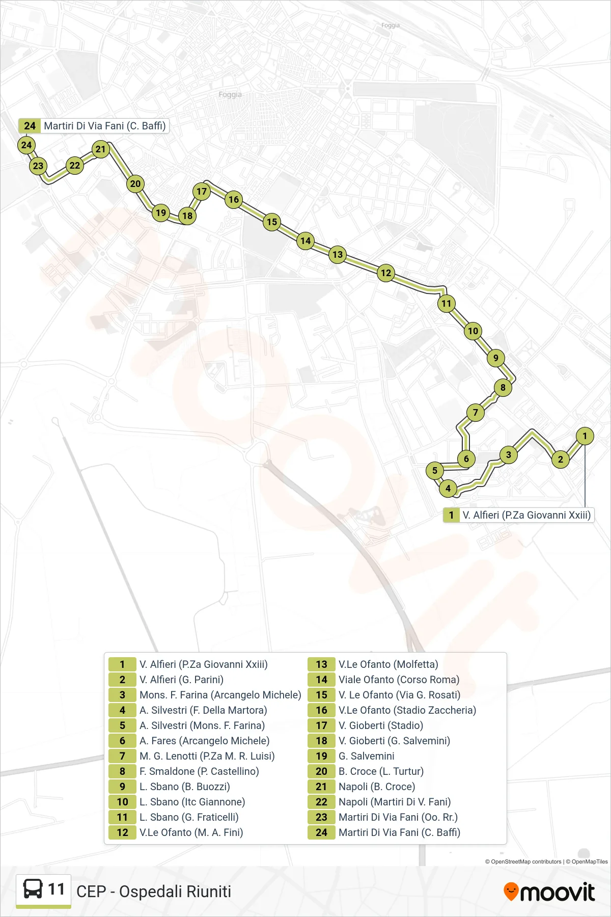Linea 11  bus (V. Alfieri (P.Za Giovanni Xxiii)‎→Martiri Di Via Fani (C. Baffi)) - Percorsi e fermate sulla mappa
