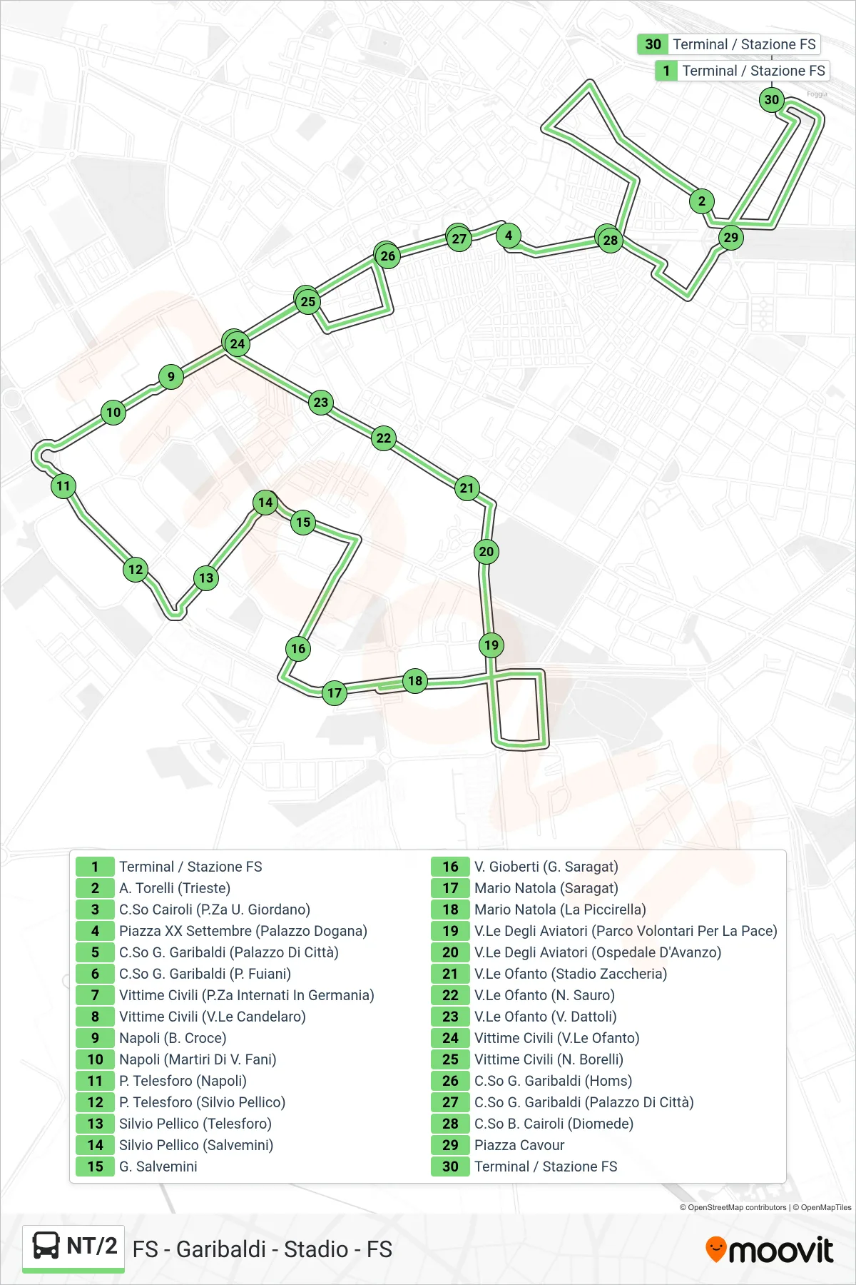 Linea NT/2 bus (Terminal / Stazione FS→Terminal / Stazione FS) - Percorsi e fermate sulla mappa