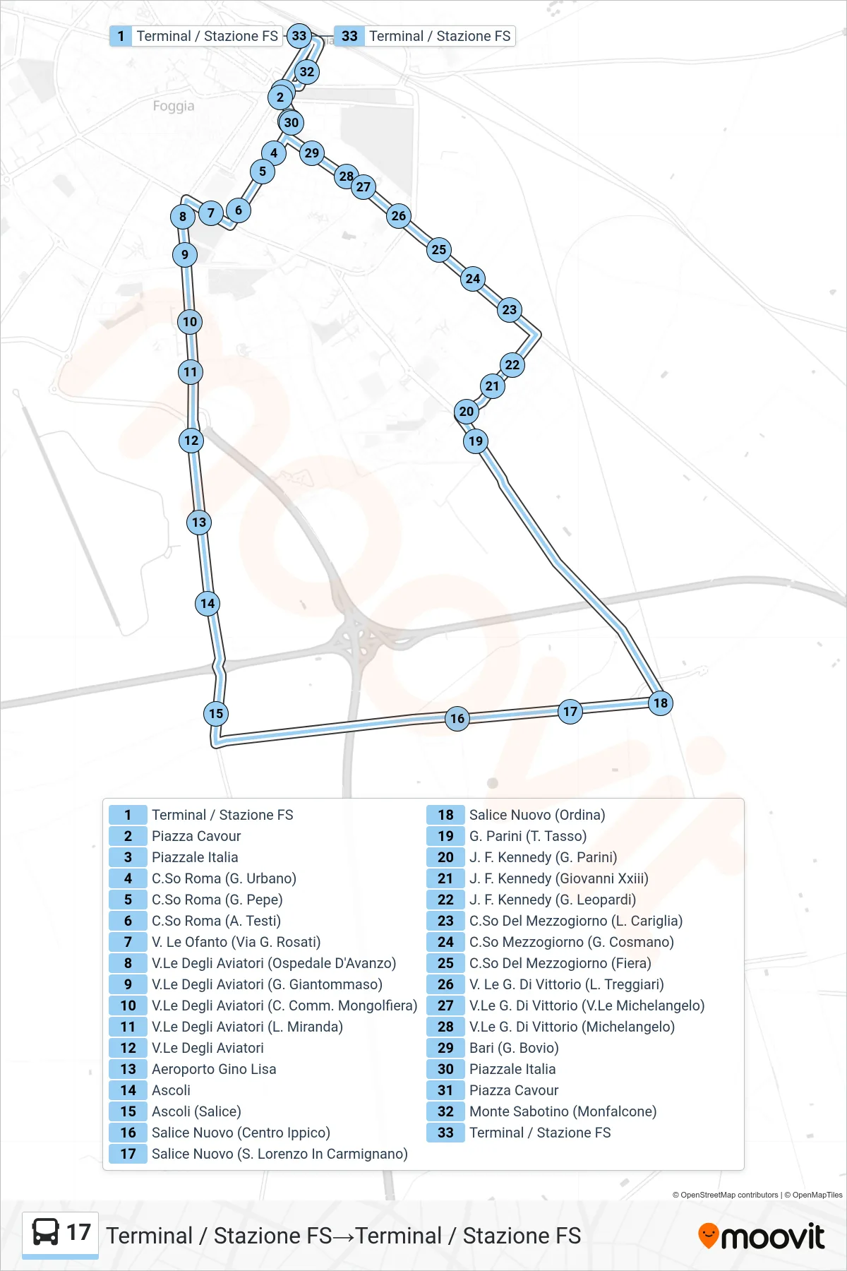 Linea 17 bus (Terminal / Stazione FS→Terminal / Stazione FS) - Percorsi e fermate sulla mappa