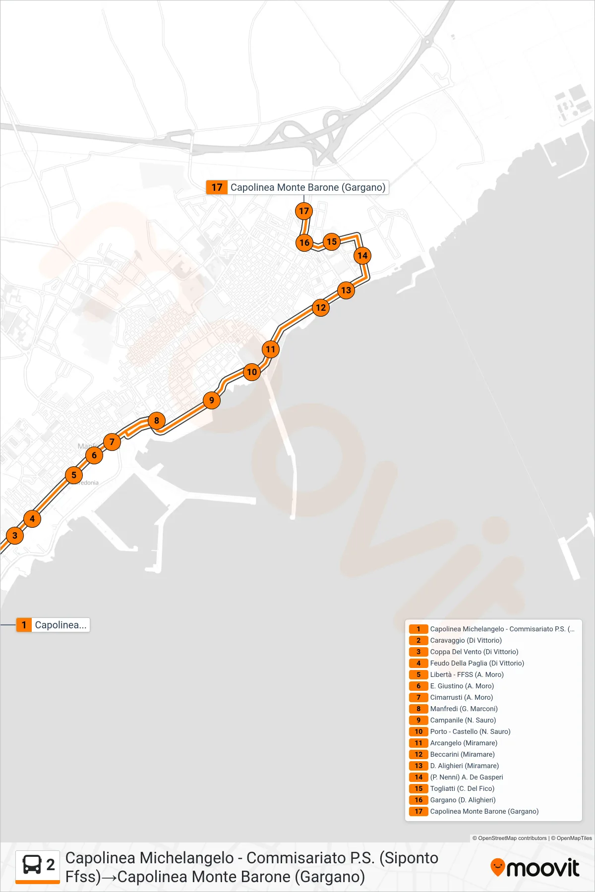 Linea 2  bus (Capolinea Michelangelo - Commisariato P.S. (Siponto Ffss)‎→Capolinea Monte Barone (Gargano)) - Percorsi e fermate sulla mappa