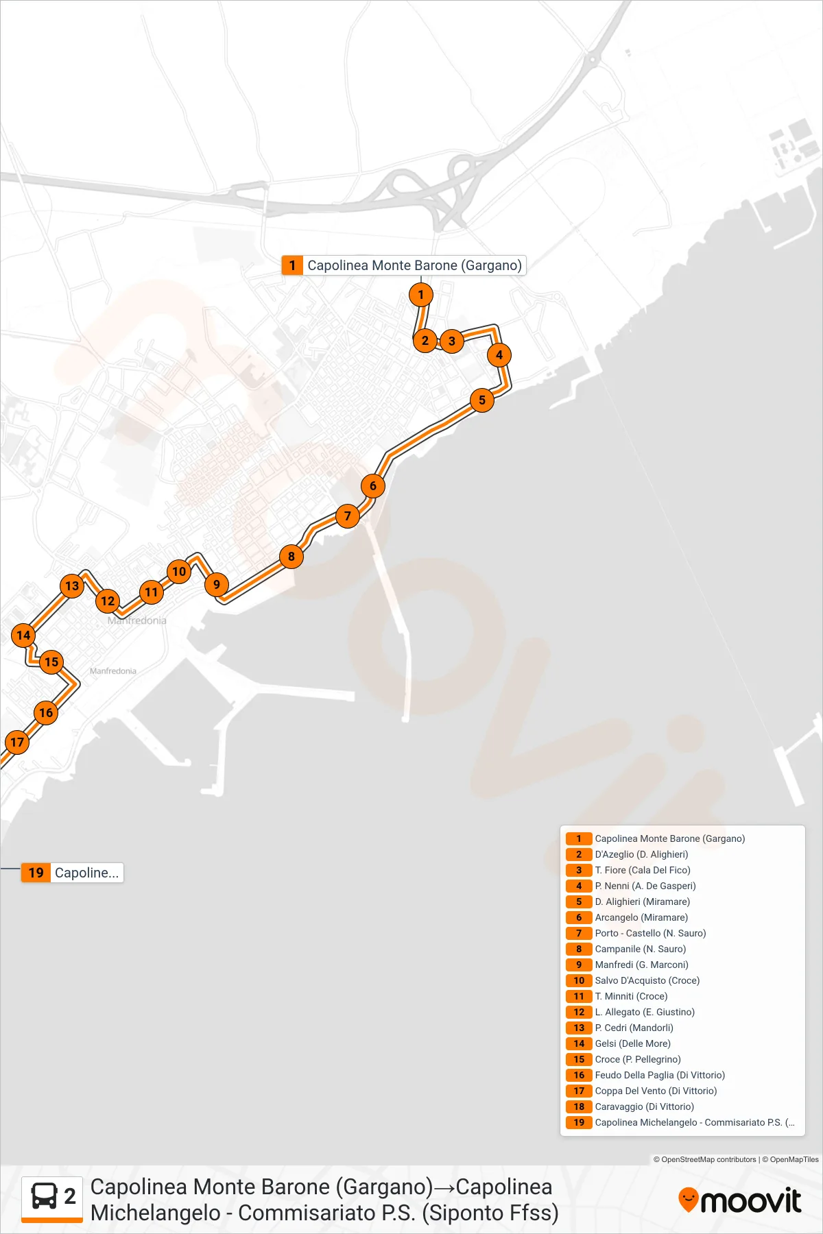 Linea 2 bus (Capolinea Monte Barone (Gargano)→Capolinea Michelangelo - Commisariato P.S. (Siponto Ffss)) - Percorsi e fermate sulla mappa