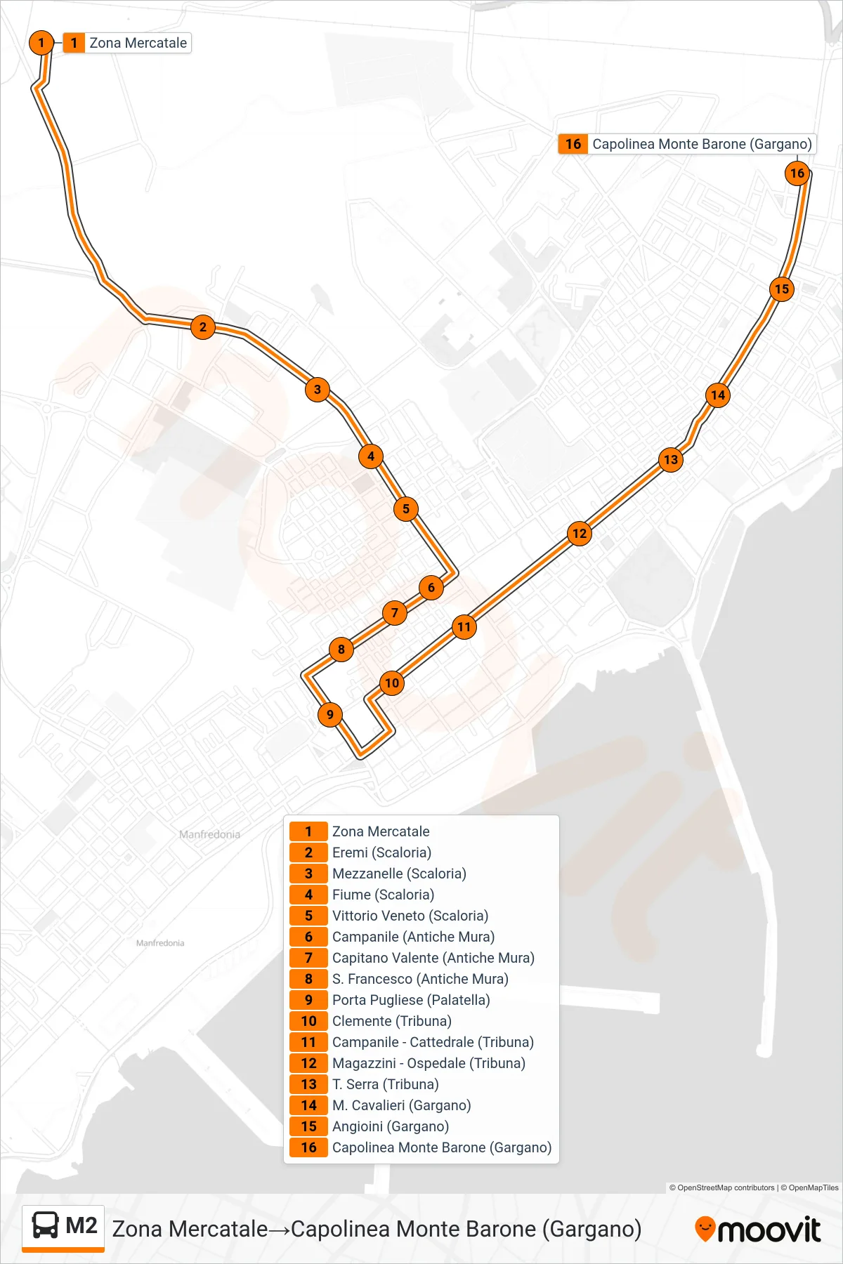 Linea M2 bus (Zona Mercatale→Capolinea Monte Barone (Gargano)) - Percorsi e fermate sulla mappa