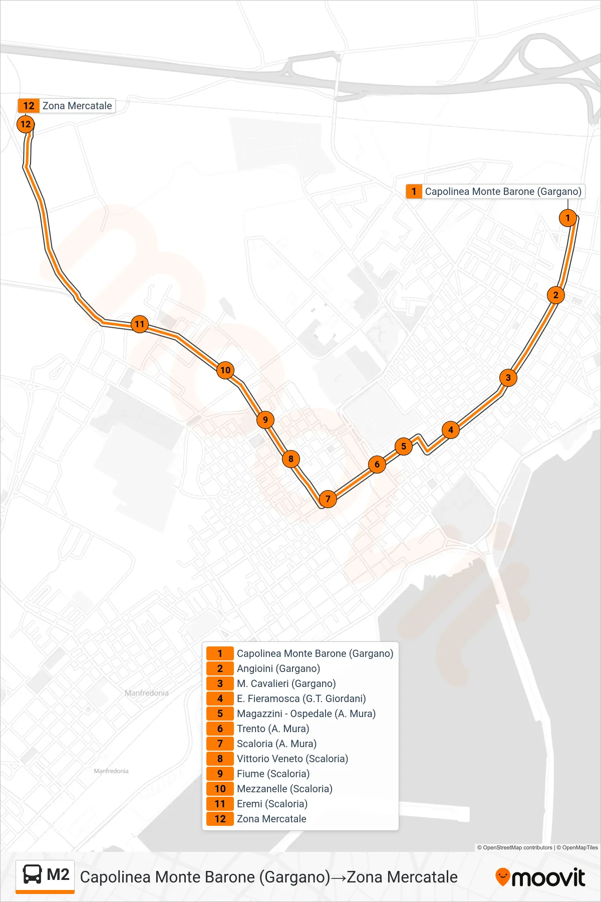 Linea M2 bus (Capolinea Monte Barone (Gargano)→Zona Mercatale) - Percorsi e fermate sulla mappa