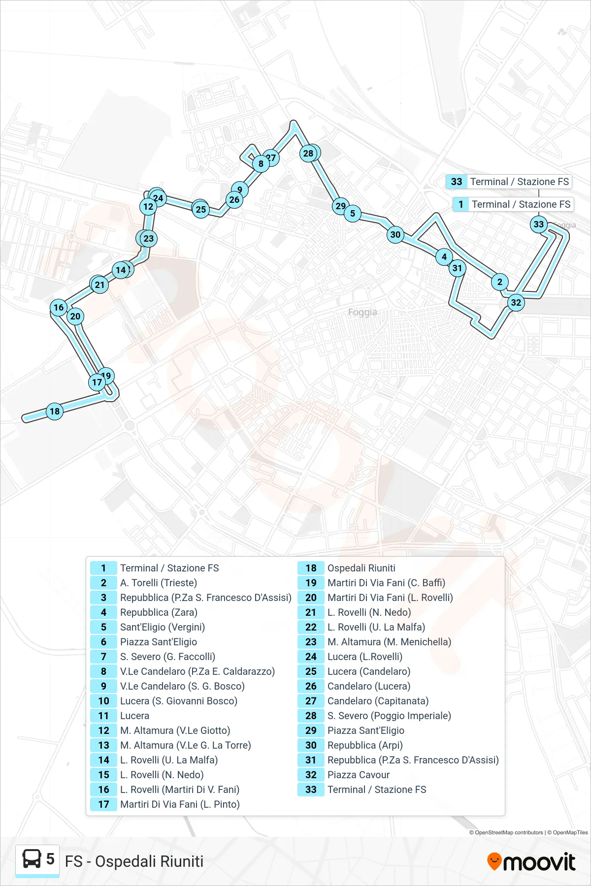 Linea 5  bus (Terminal / Stazione FS‎→Terminal / Stazione FS) - Percorsi e fermate sulla mappa