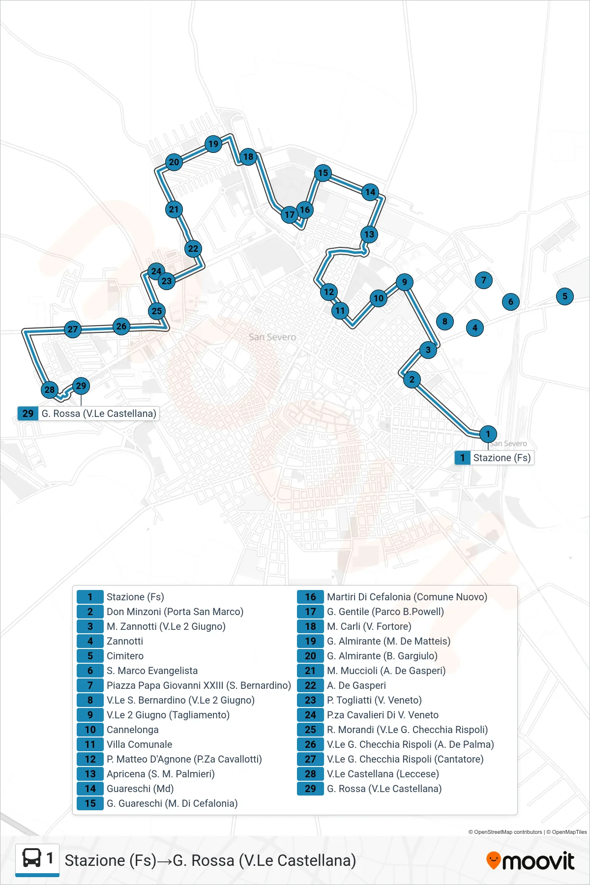 Linea 1 bus (Stazione (Fs)→G. Rossa (V.Le Castellana)) - Percorsi e fermate sulla mappa
