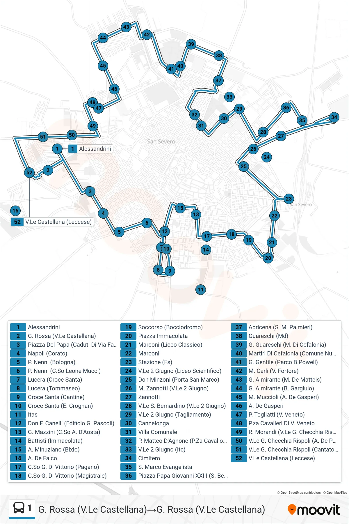 Linea 1  bus (G. Rossa (V.Le Castellana)‎→G. Rossa (V.Le Castellana)) - Percorsi e fermate sulla mappa