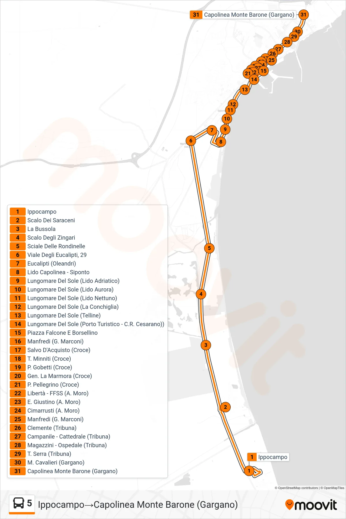 Linea 5  bus (Ippocampo‎→Capolinea Monte Barone (Gargano)) - Percorsi e fermate sulla mappa