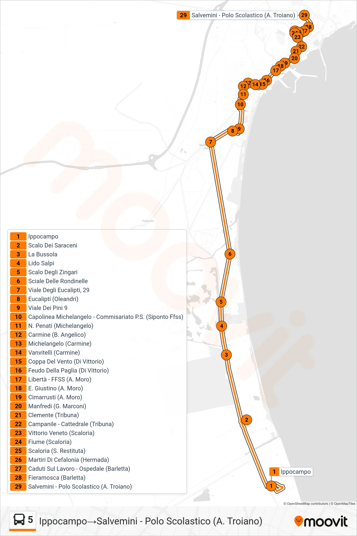 Linea 5 bus (Ippocampo→Salvemini - Polo Scolastico (A. Troiano)) - Percorsi e fermate sulla mappa