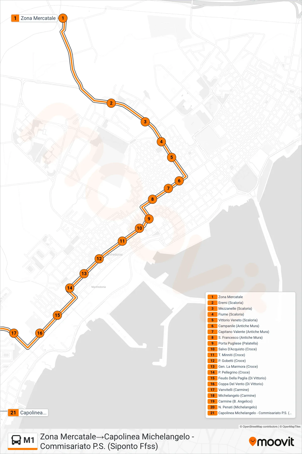 Linea M1  bus (Zona Mercatale‎→Capolinea Michelangelo - Commisariato P.S. (Siponto Ffss)) - Percorsi e fermate sulla mappa