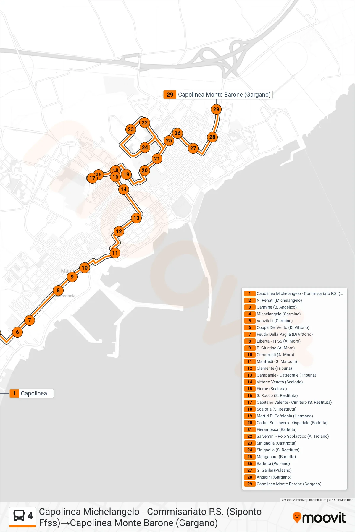 Linea 4  bus (Capolinea Michelangelo - Commisariato P.S. (Siponto Ffss)‎→Capolinea Monte Barone (Gargano)) - Percorsi e fermate sulla mappa