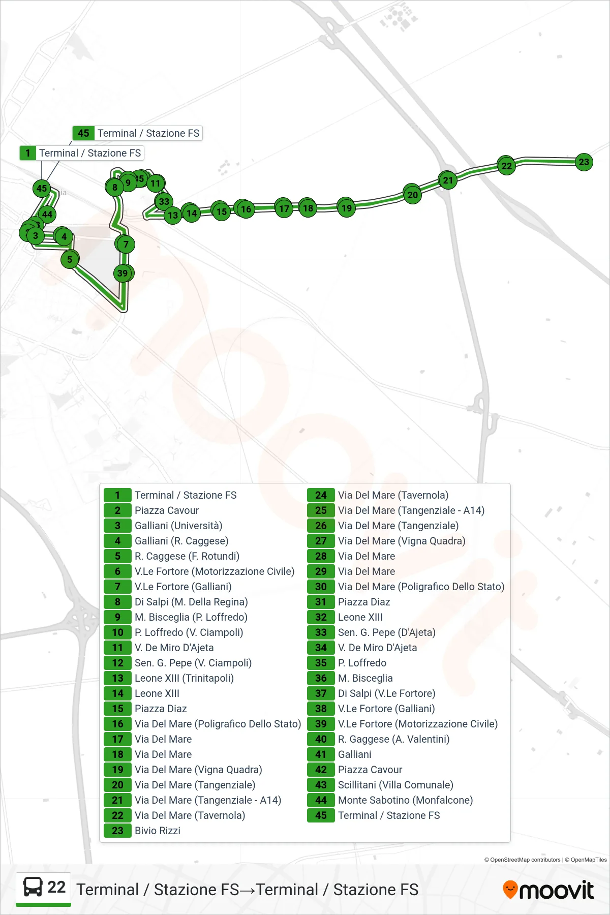 Linea 22 bus (Terminal / Stazione FS→Terminal / Stazione FS) - Percorsi e fermate sulla mappa