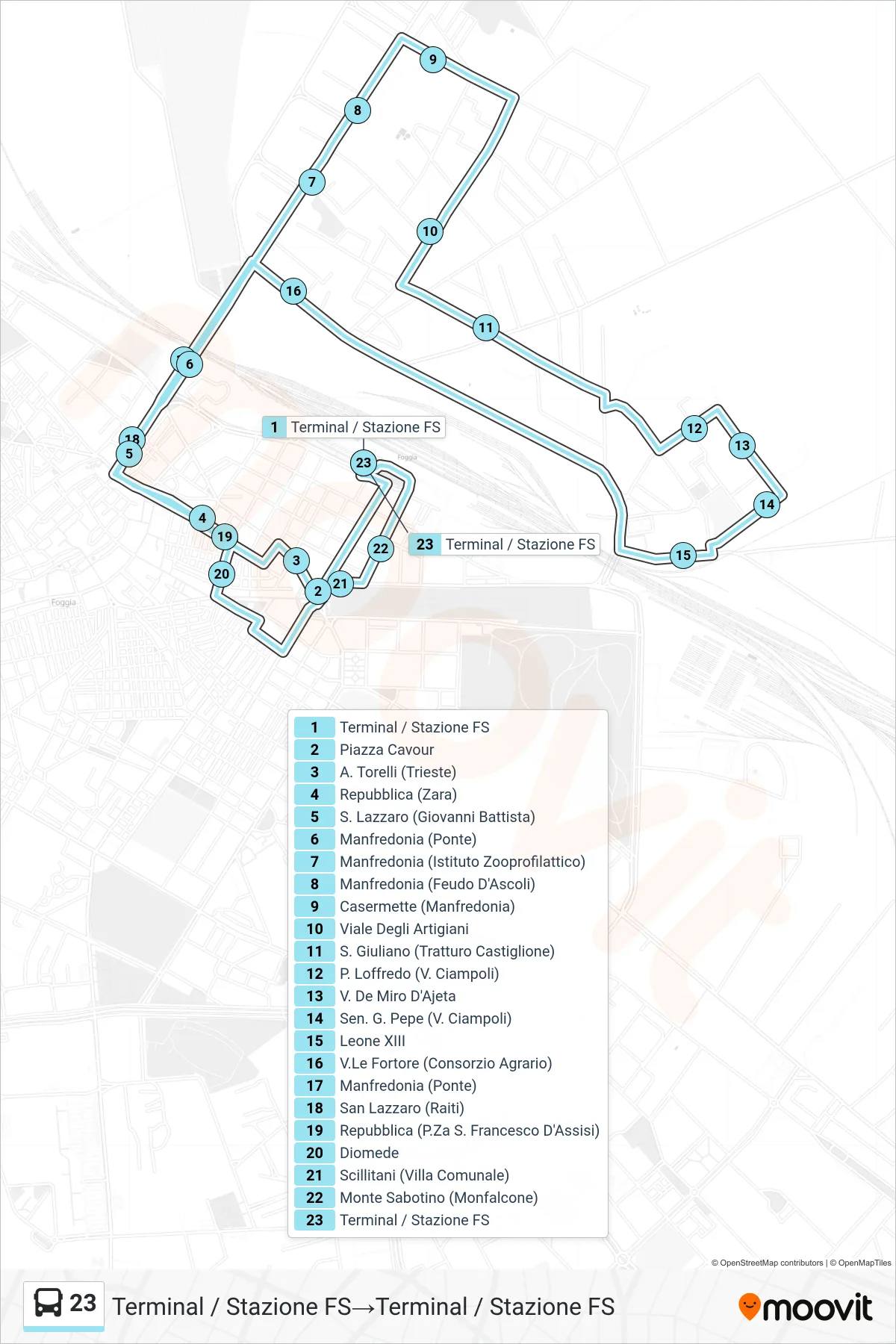 Linea 23 bus (Terminal / Stazione FS→Terminal / Stazione FS) - Percorsi e fermate sulla mappa