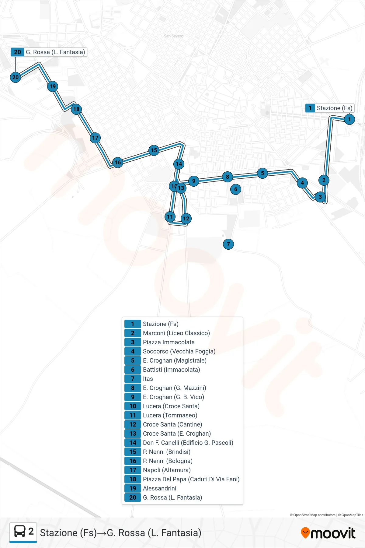 Linea 2 bus (Stazione (Fs)→G. Rossa (L. Fantasia)) - Percorsi e fermate sulla mappa