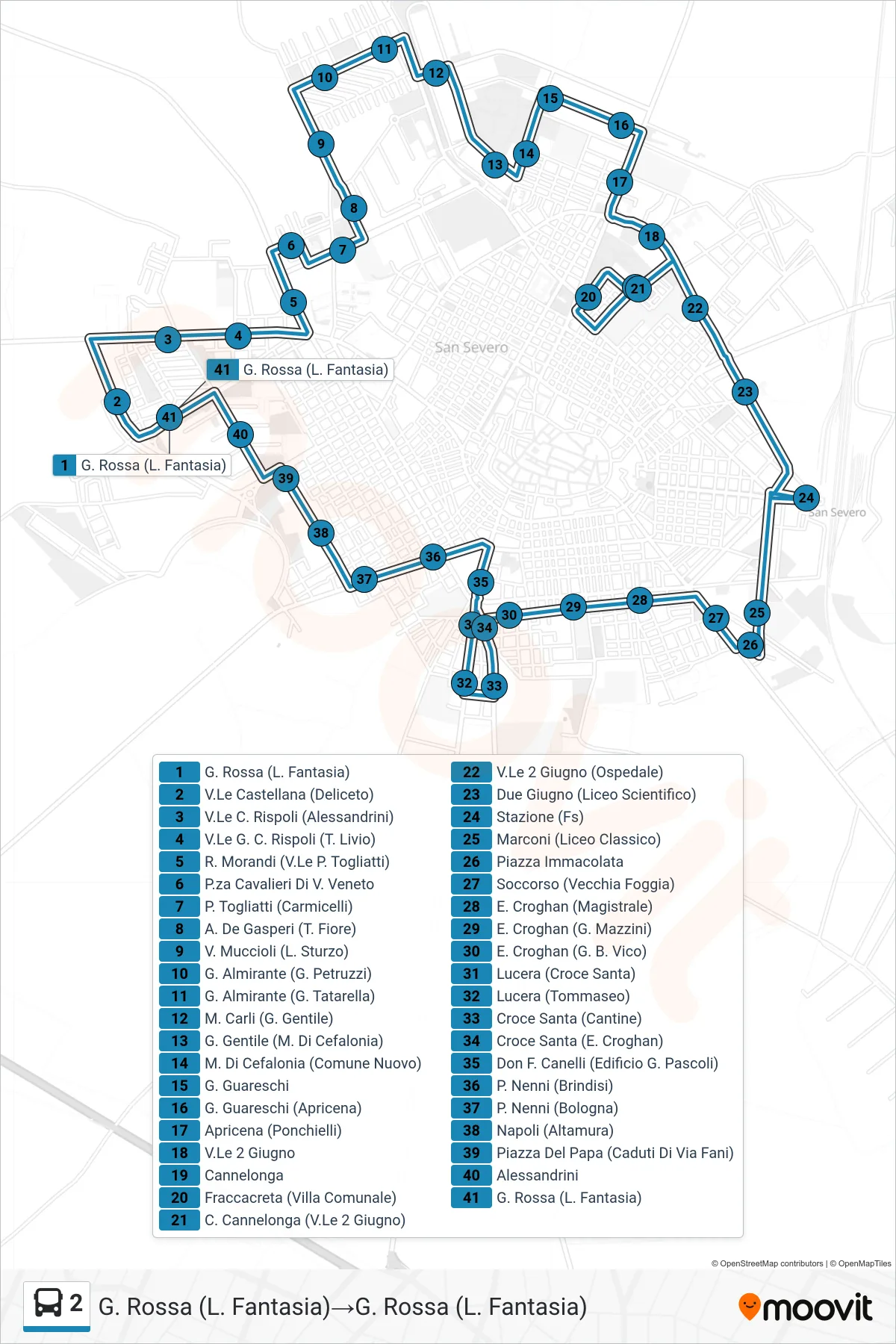 Linea 2 bus (G. Rossa (L. Fantasia)→G. Rossa (L. Fantasia)) - Percorsi e fermate sulla mappa