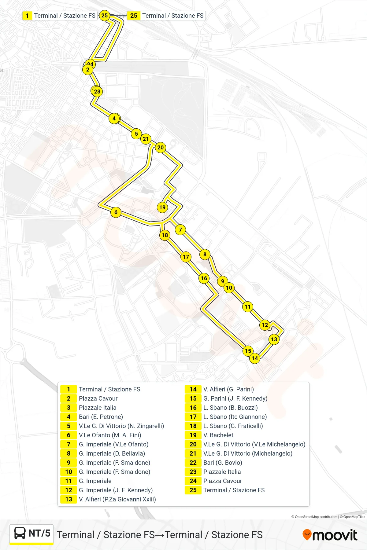 Linea NT/5 bus (Terminal / Stazione FS→Terminal / Stazione FS) - Percorsi e fermate sulla mappa