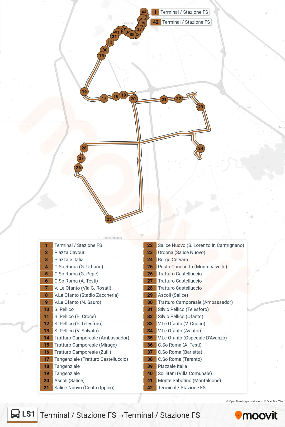 Linea LS1 bus (Terminal / Stazione FS→Terminal / Stazione FS) - Percorsi e fermate sulla mappa