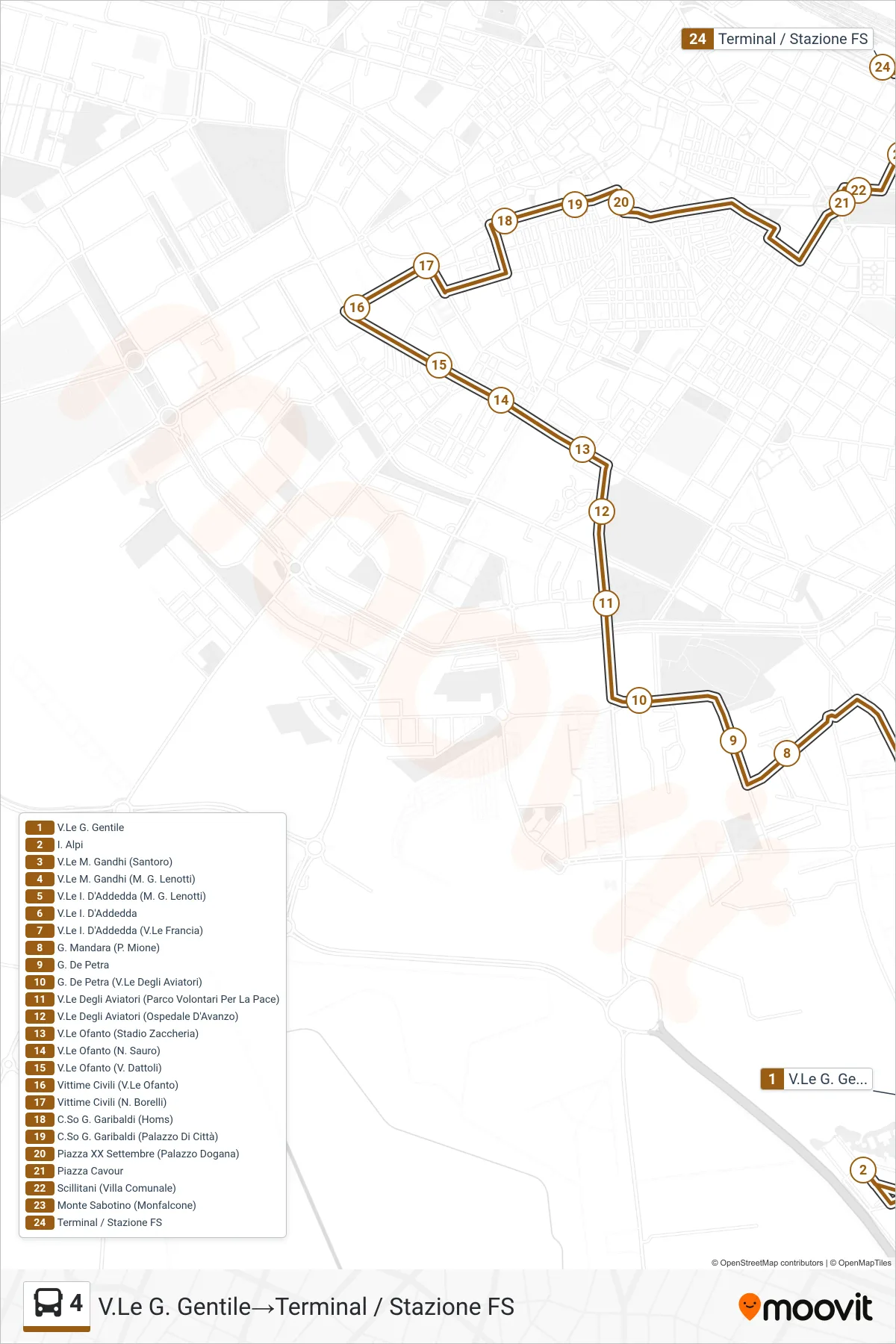 Linea 4 bus (V.Le G. Gentile→Terminal / Stazione FS) - Percorsi e fermate sulla mappa