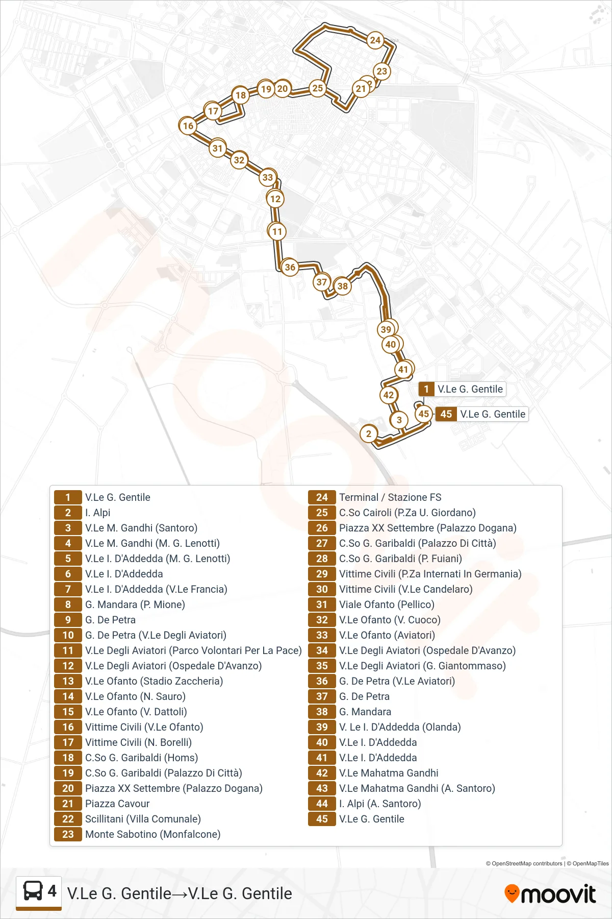 Linea 4 bus (V.Le G. Gentile→V.Le G. Gentile) - Percorsi e fermate sulla mappa