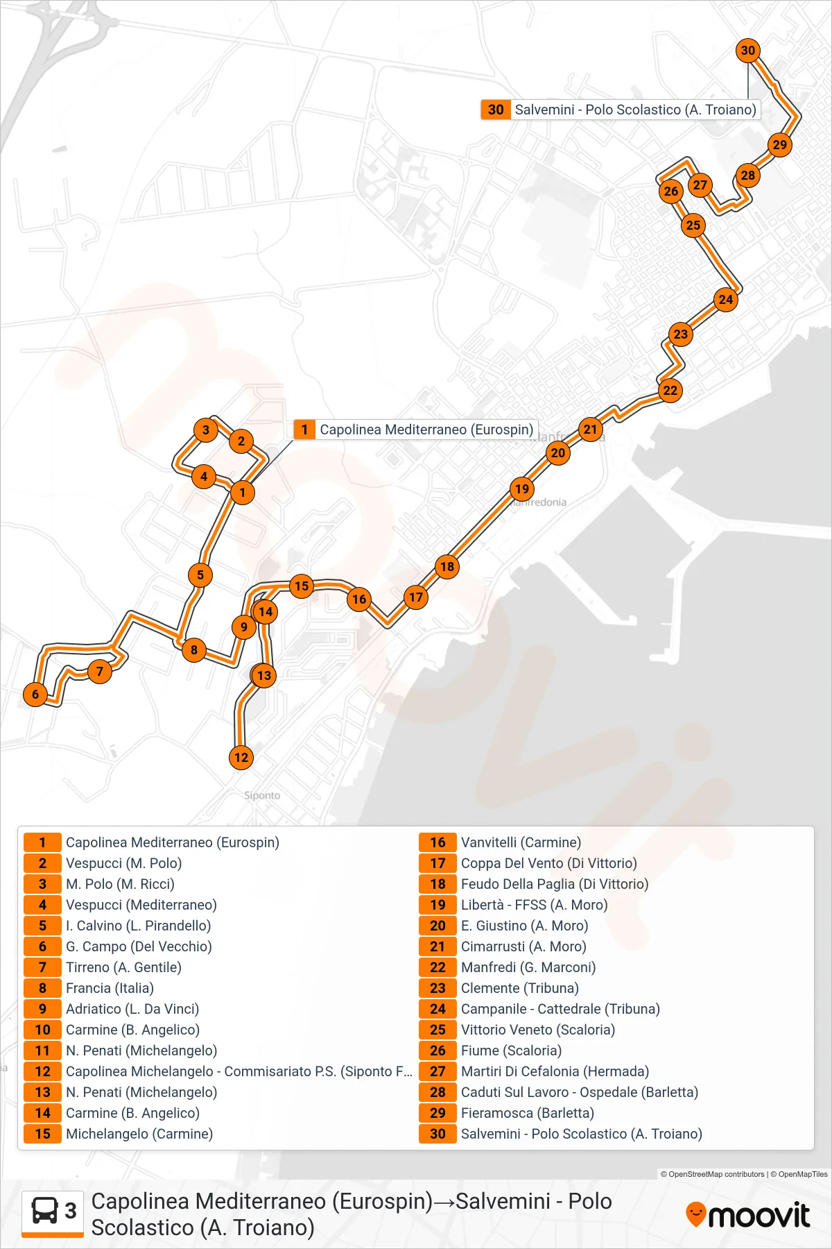 Linea 3  bus (Capolinea Mediterraneo (Eurospin)‎→Salvemini - Polo Scolastico (A. Troiano)) - Percorsi e fermate sulla mappa