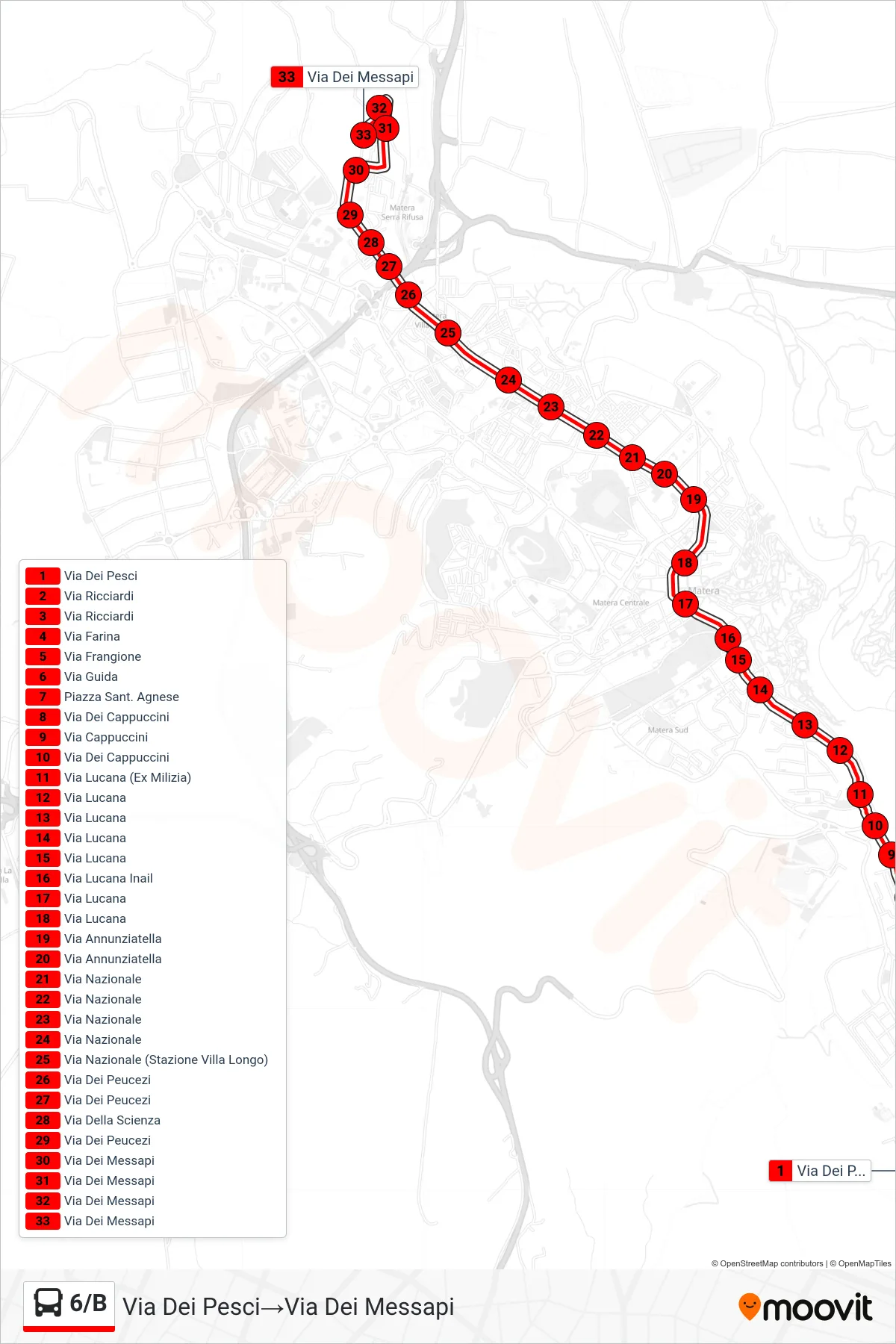 Linea 6/B tram (Via Dei Pesci→Via Dei Messapi) - Percorsi e fermate sulla mappa