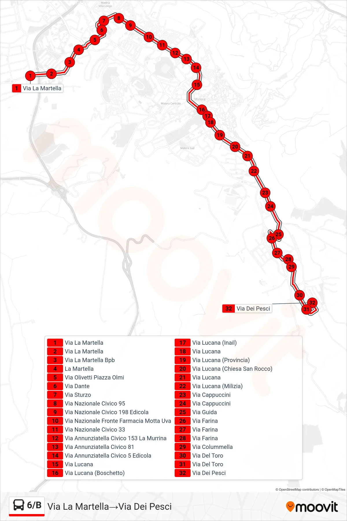 Linea 6/B tram (Via La Martella→Via Dei Pesci) - Percorsi e fermate sulla mappa