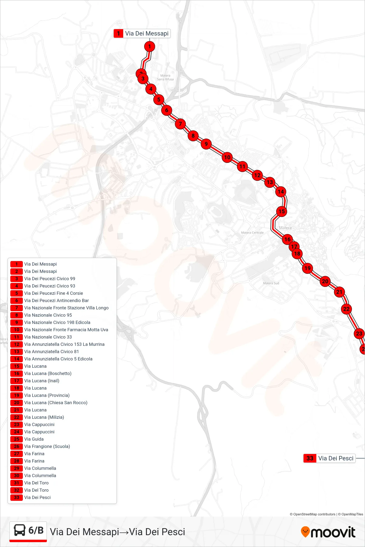 Linea 6/B  tram (Via Dei Messapi‎→Via Dei Pesci) - Percorsi e fermate sulla mappa