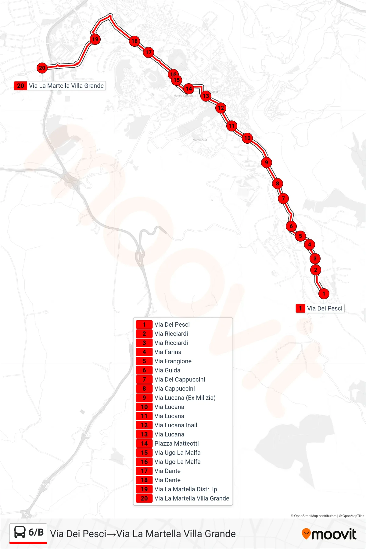 Linea 6/B  tram (Via Dei Pesci‎→Via La Martella Villa Grande) - Percorsi e fermate sulla mappa