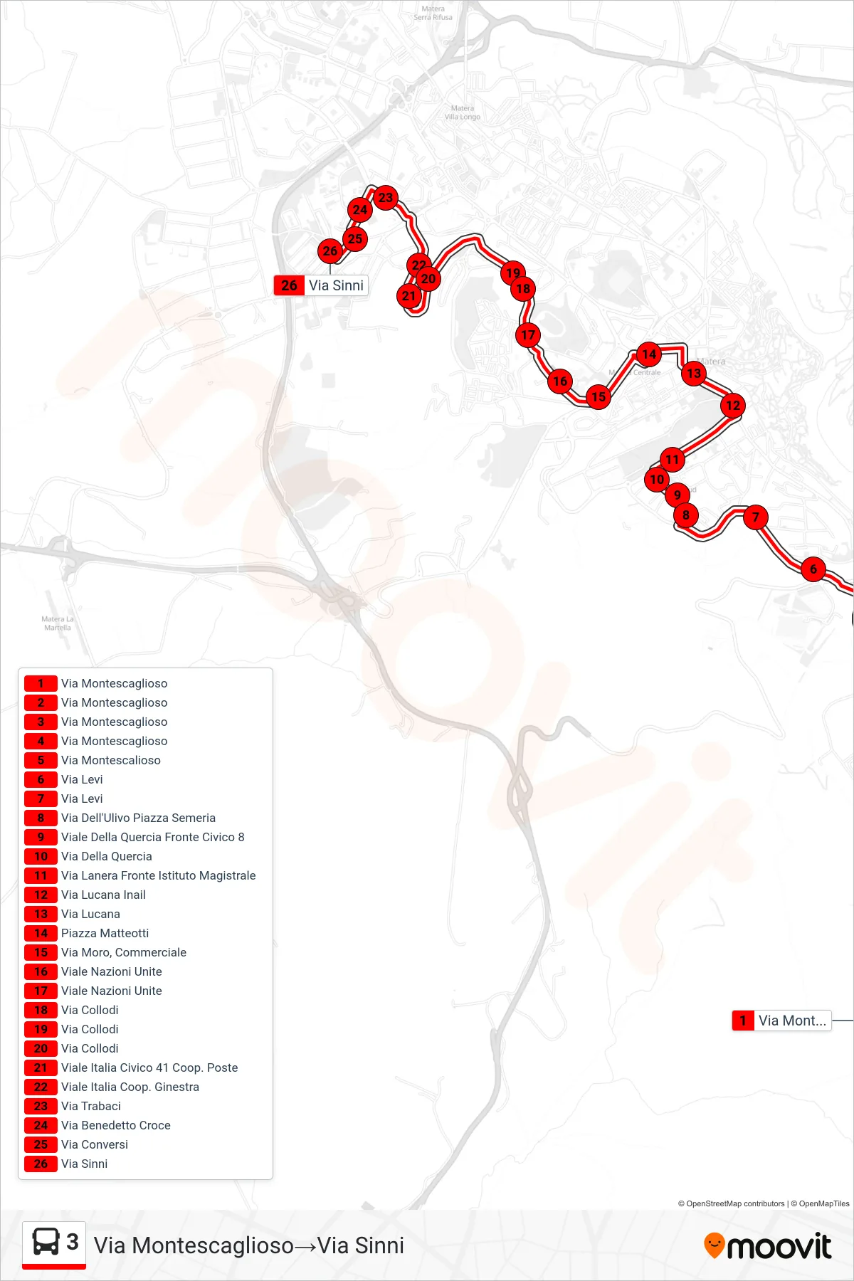 Linea 3  tram (Via Montescaglioso‎→Via Sinni) - Percorsi e fermate sulla mappa