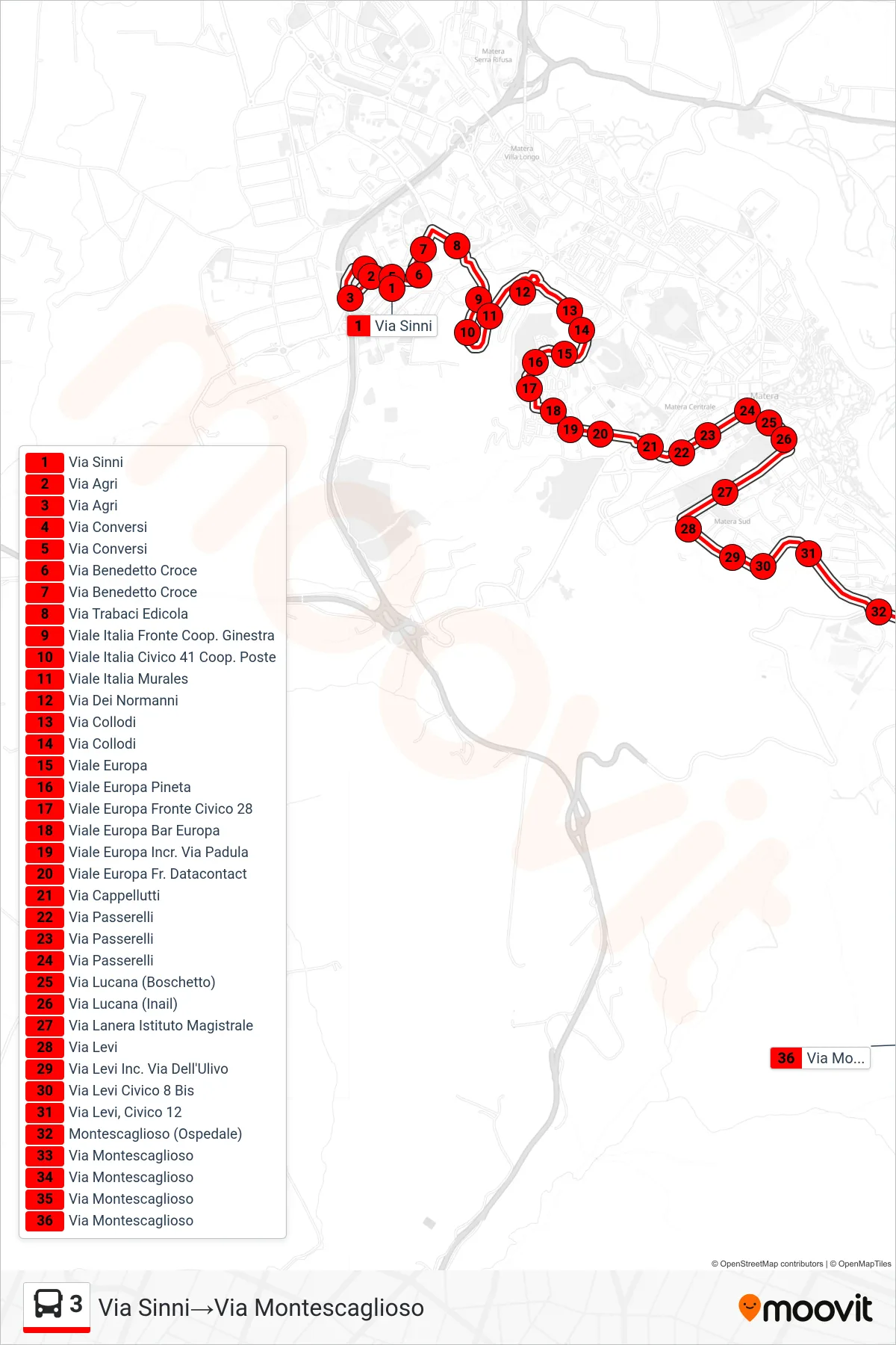 Linea 3  tram (Via Sinni‎→Via Montescaglioso) - Percorsi e fermate sulla mappa