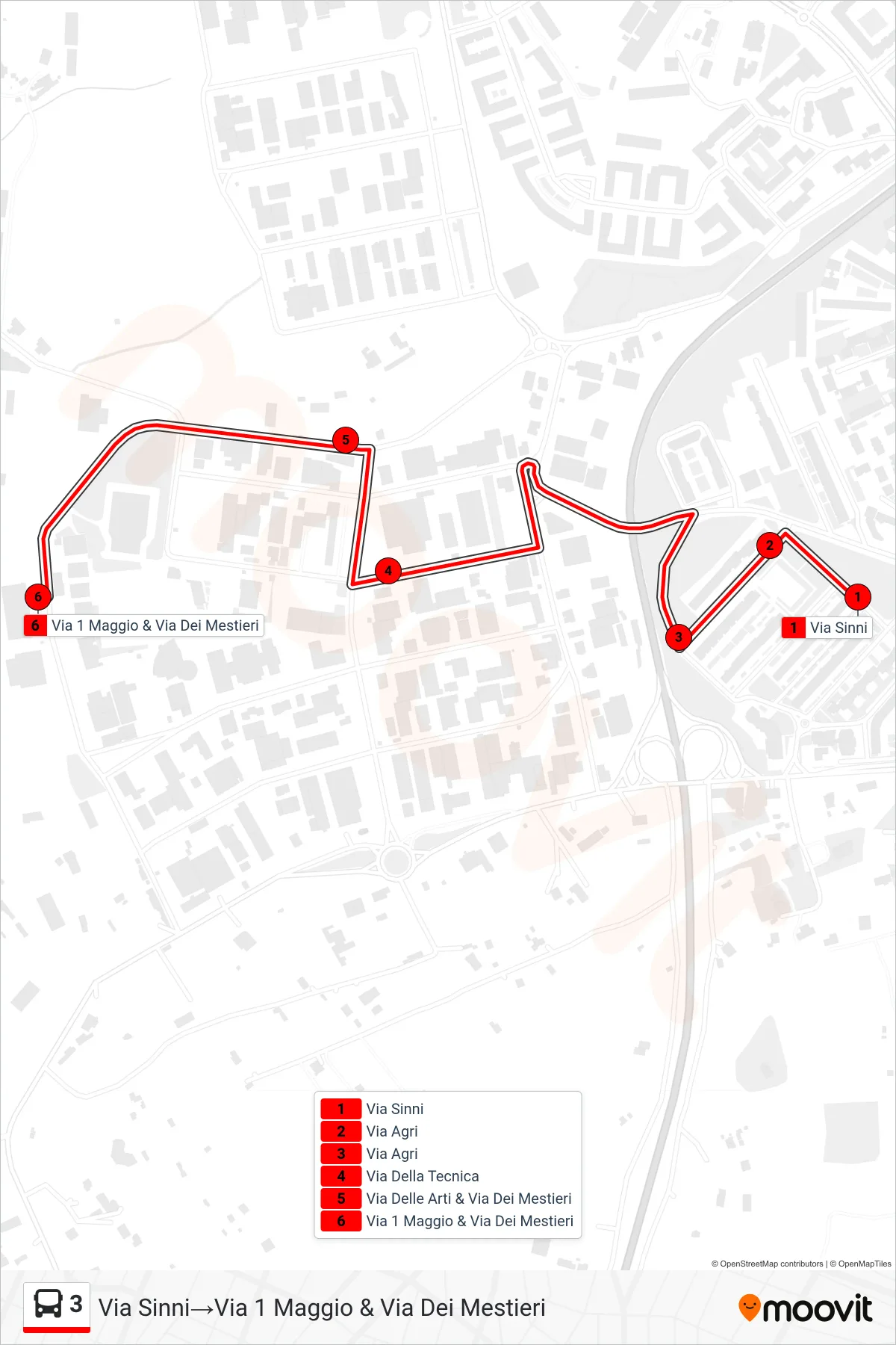 Linea 3 tram (Via Sinni→Via 1 Maggio & Via Dei Mestieri) - Percorsi e fermate sulla mappa
