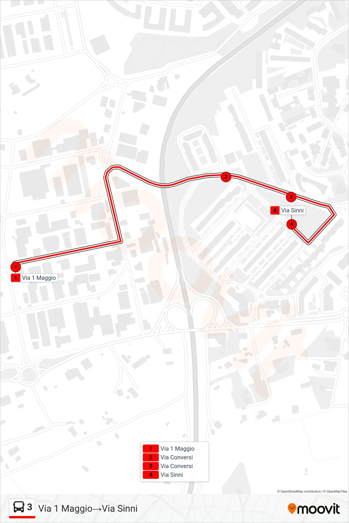 Linea 3  tram (Via 1 Maggio‎→Via Sinni) - Percorsi e fermate sulla mappa